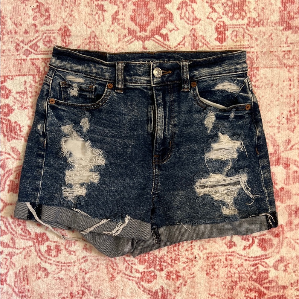 American Eagle Outfitters Distressed Dark Blue Denim Mom Shorts - Picture 1 of 4
